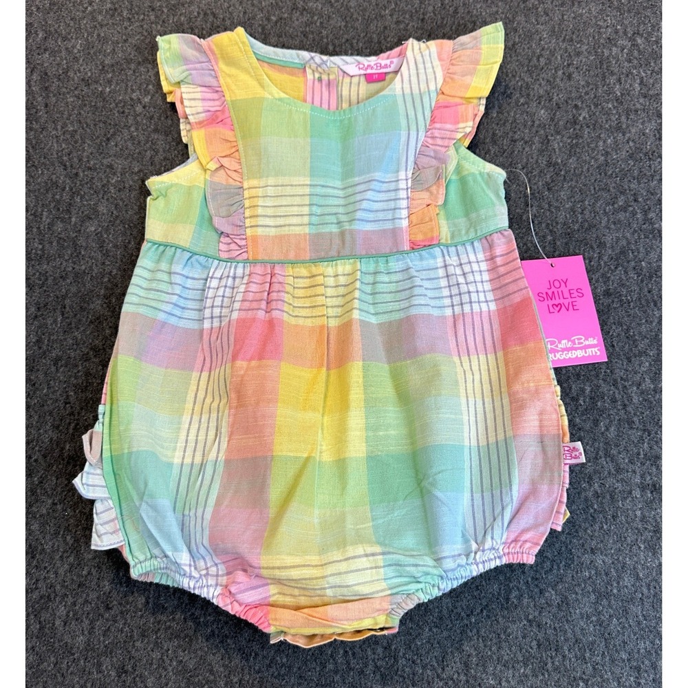 NEW RuffleButts Girls Romper Rainbow Gingham Plaid Size 2T Snap Ruffle Butts - Picture 2 of 14